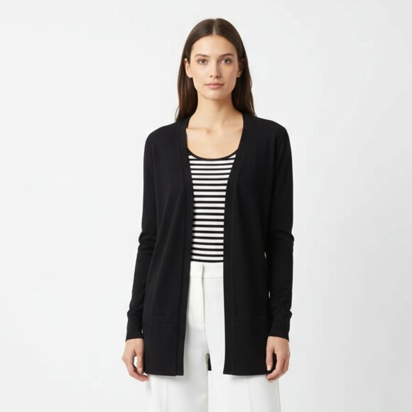 St John Black Open Front Knit Long Sleeve Cardigan Sweater L - Picture 1 of 8